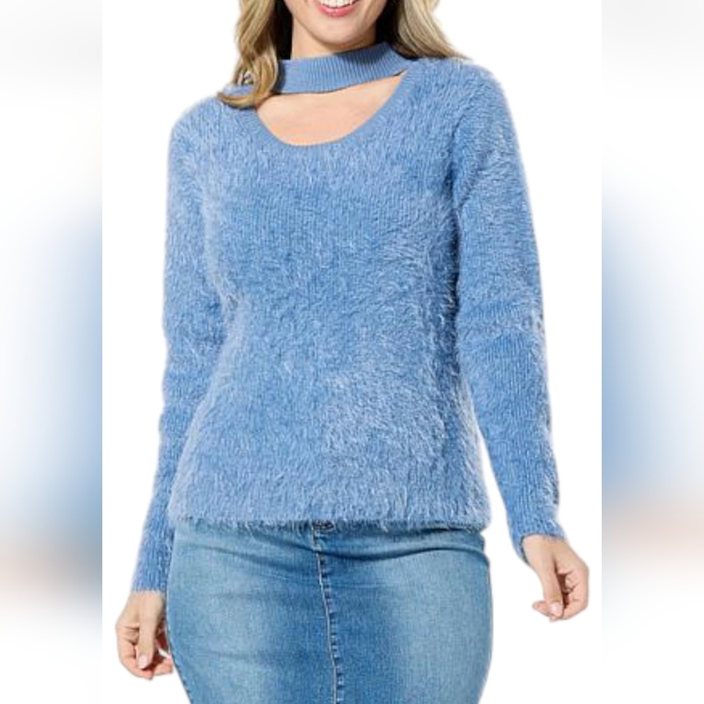 G by Giuliana‎ Women's Cutout Mock-Neck Eyelash Knit Sweater Slate Blue